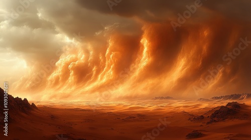 Dramatic Sandstorm Over Dunes in a Vast Desert Landscape with Fiery Skies and Dynamic Clouds, Capturing the Power and Beauty of Nature’s Elements