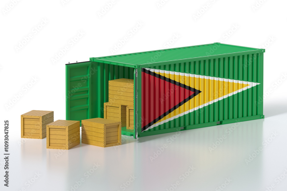 Obraz premium Cargo Container with Guyana Flag Being Unloaded with Wooden Crates on White Background