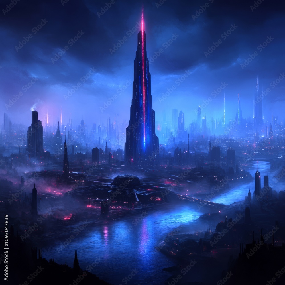 Obraz premium Futuristic city skyline at night, illuminated skyscrapers, glowing river, dark clouds.