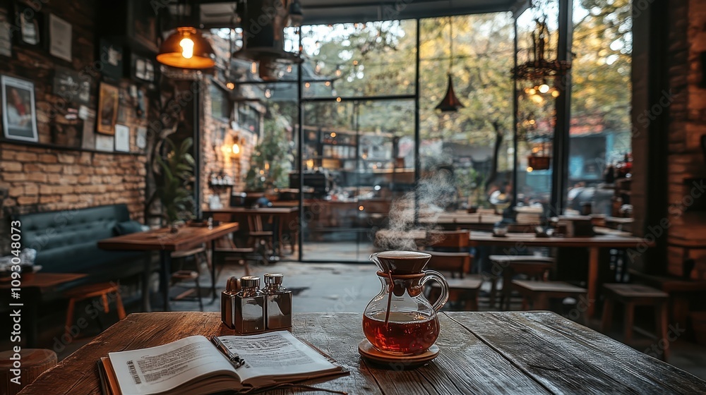 Cozy Cafe Interior Warm Lighting Wooden Table Tea Book Cozy Cafe Interior Warm Lighting Wooden Table Tea Book