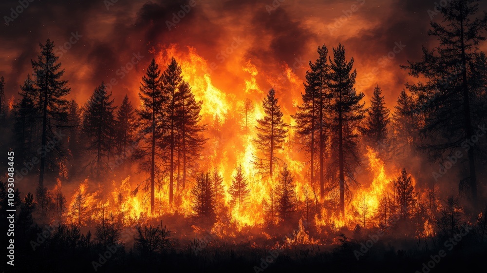 Intense Forest Fire Erupting Amidst Tall Coniferous Trees with Fiery Flames and Smoky Background, Signifying Nature's Fury and Destruction Intense Forest Fire Erupting Amidst Tall Coniferous Trees with Fiery Flames and Smoky Background, Signifying Nature's Fury and Destruction