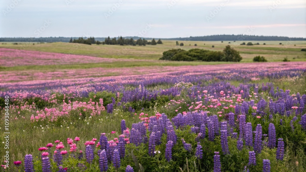 A field of purple and pink wildflowers in full bloom, outdoor sightseeing, purple blooms, blooming field A field of purple and pink wildflowers in full bloom, outdoor sightseeing, purple blooms, blooming field