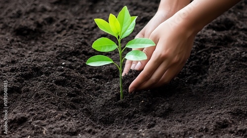 Closeup of hands tenderly planting a young tree seedling into nutrient rich soil symbolizing the process of reforestation and environmental recovery  This image represents sustainability photo