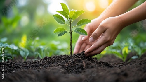 Close up view of human hands gently planting a small tree sapling in rich fertile soil