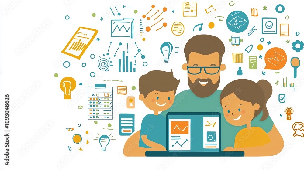 Minimalist flat design depicting a family learning and studying together online using a tablet device surrounded by educational symbols and icons The image showcases the concept of remote learning Minimalist flat design depicting a family learning and studying together online using a tablet device surrounded by educational symbols and icons The image showcases the concept of remote learning