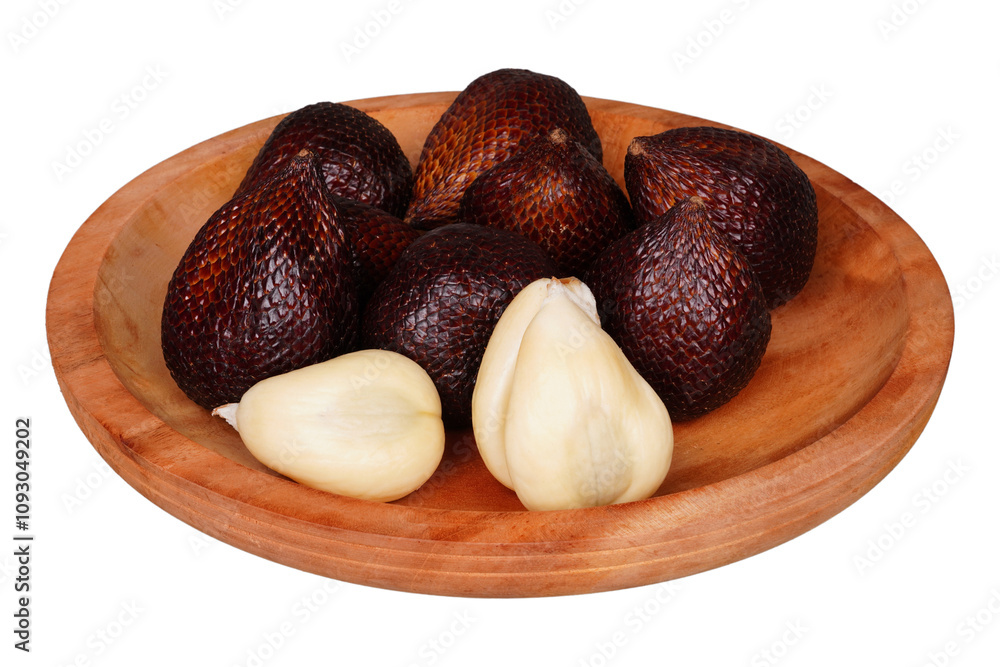 Obraz premium A group of snake fruits on a woven container isolated transparent