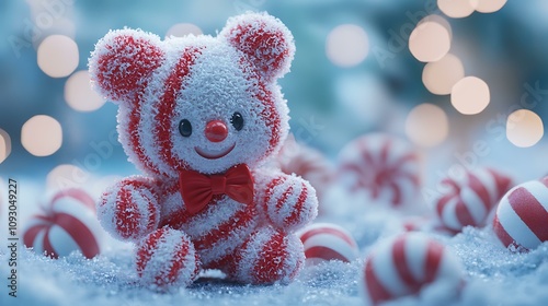 Wallpaper Mural A candy cane-themed art toy with swirled red-and-white textures, cute limbs, and a bowtie, set on a snowy candyland backdrop Torontodigital.ca