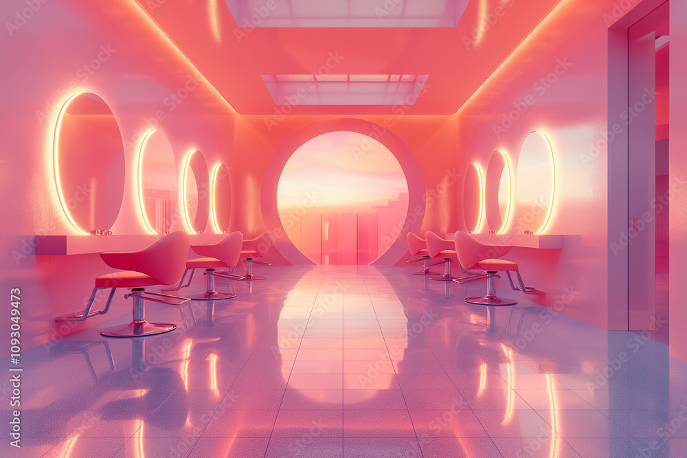A modern salon with soft pinks, glowing lights, and chic seating offers a peaceful vibe A modern salon with soft pinks, glowing lights, and chic seating offers a peaceful vibe