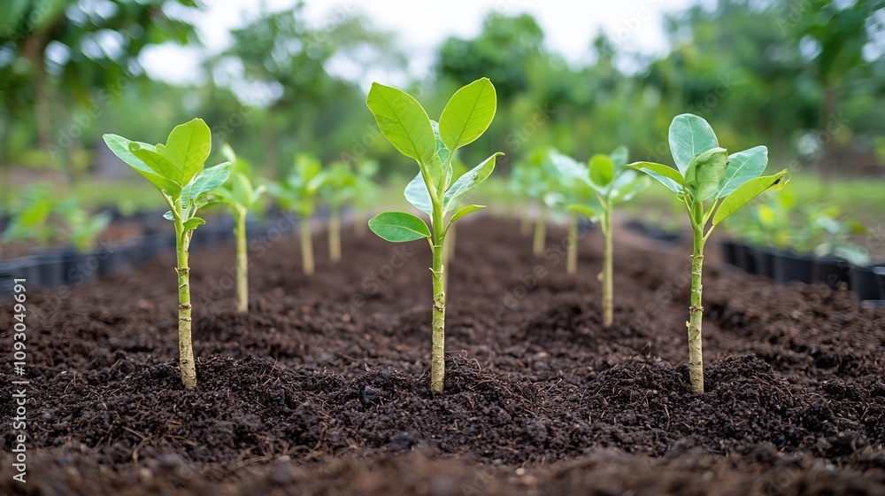 Closeup of soil and freshly planted tree saplings in a reforestation project highlighting the process of environmental and ecological renewal Closeup of soil and freshly planted tree saplings in a reforestation project highlighting the process of environmental and ecological renewal