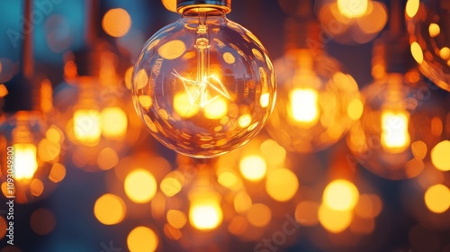 Abstract glowing yellow bright light bulbs abstract background. Energy safekeeping concept