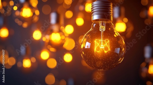 Abstract glowing yellow bright light bulbs abstract background. Energy safekeeping concept