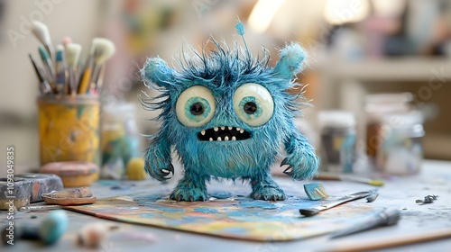 A detailed handmade monster art toy painted with fine brushes, photographed with a palette and tools in the background photo