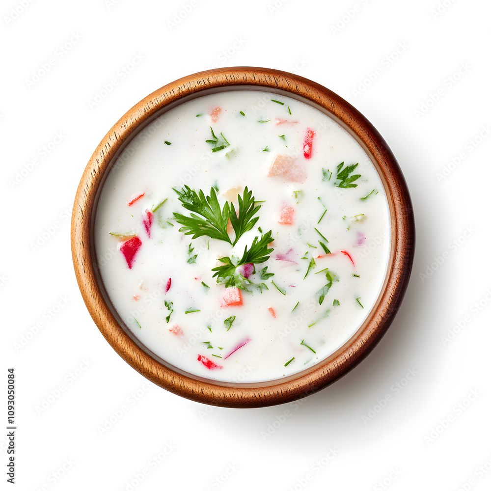 Top view Russian cold soup okroshka with egg, vegetables, sausage, herbs and kefir isolated on white background Top view Russian cold soup okroshka with egg, vegetables, sausage, herbs and kefir isolated on white background