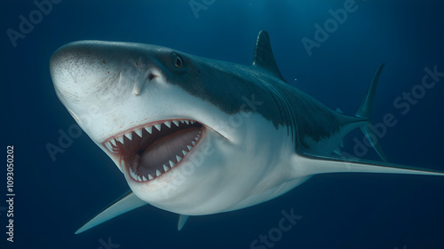 8K Sea Creature Background with a Great White Shark Floating in Deep Sea Water. Deep blue background