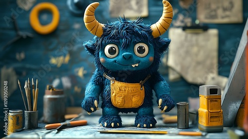 A hand-crafted monster art toy featuring sculpted horns and fur textures, shown alongside clay modeling tools photo