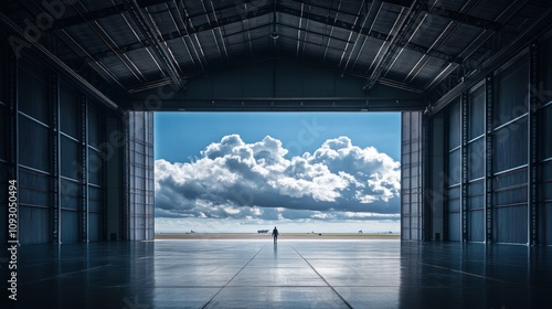 Expansive hangar view opens to sky and airplane beyond photo