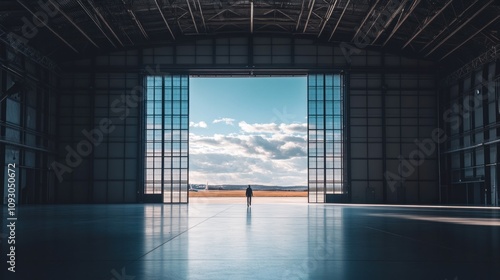 Large hangar interior with open door and clear sky view