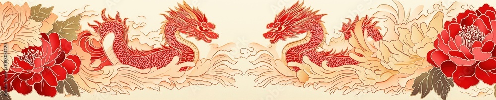 Intricate decorative border featuring red dragons and floral elements amid waves of elegance Intricate decorative border featuring red dragons and floral elements amid waves of elegance