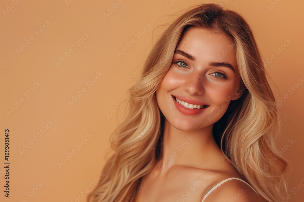 In the image, a confident and joyful woman with long blonde hair stands out against the warm beige background. She radiates happiness and selfassurance, embodying confidence and joy In the image, a confident and joyful woman with long blonde hair stands out against the warm beige background. She radiates happiness and selfassurance, embodying confidence and joy