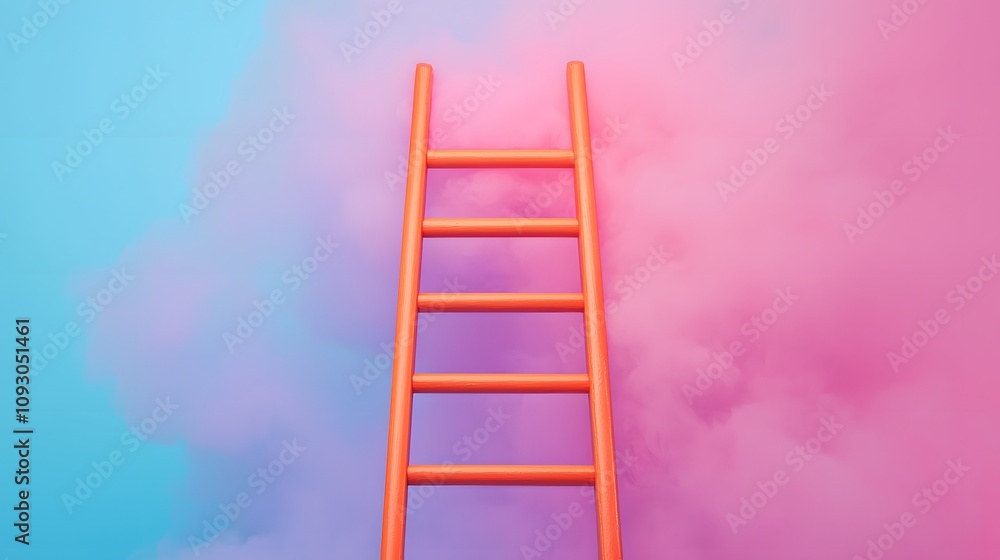 A Vibrant Orange Ladder Rising Through Soft Clouds of Pink and Blue Hues in a Dreamlike Atmosphere. Adaptability Quotient Concept A Vibrant Orange Ladder Rising Through Soft Clouds of Pink and Blue Hues in a Dreamlike Atmosphere. Adaptability Quotient Concept