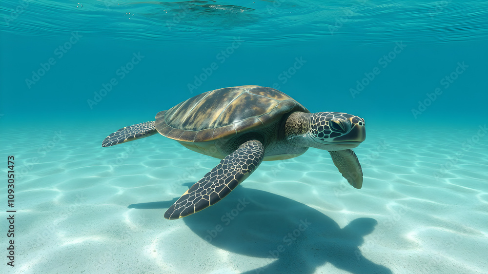 Fototapeta premium 8K Sea Animals Background with Sea Turtle Swimming on Clear Blue Sea Water Background
