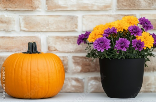 Colorful autumn flowers and a pumpkin displayed against a brick wall in a cozy setting