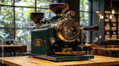 Premium Coffee Roaster Machine Dark Green Gold Accents Cafe Equipment