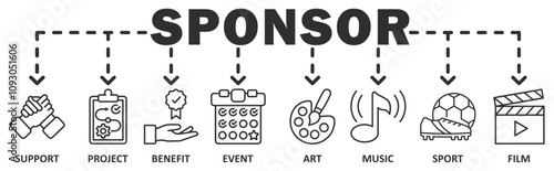 Sponsor banner web icon vector illustration concept with icon of support, project, benefit, event, art, musik, sport, film