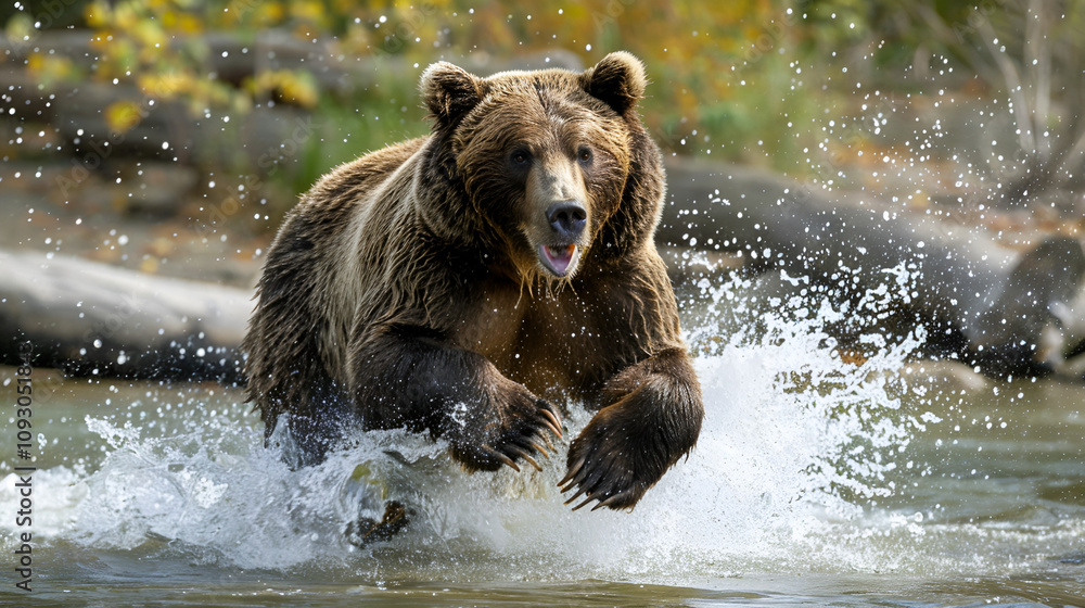 Angry grizzly bear in rage sprinting in water town Angry grizzly bear in rage sprinting in water town