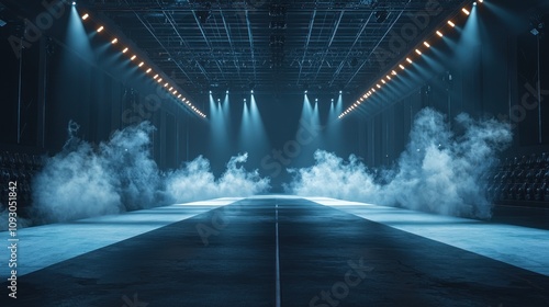 Dimly lit fashion runway with atmospheric fog effects