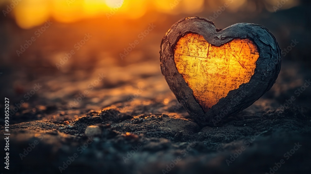 Fototapeta premium A rustic heart-shaped object glowing in warm sunlight, symbolizing love and warmth in nature's embrace.
