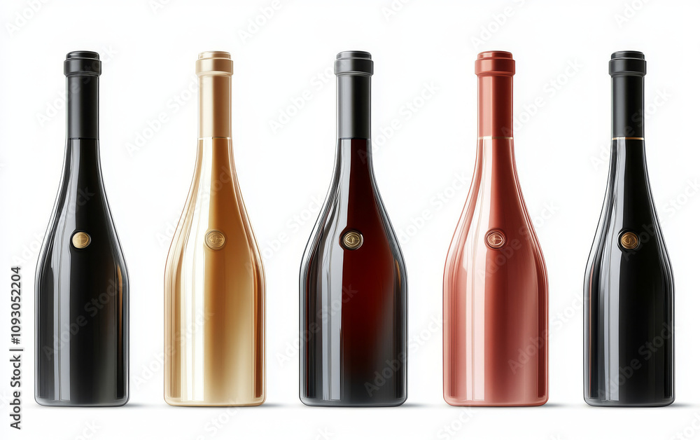 A stylish arrangement of five wine bottles in black, gold, red, and gradient finishes, showcasing luxury and modern design.
A stylish arrangement of five wine bottles in black, gold, red, and gradient finishes, showcasing luxury and modern design.