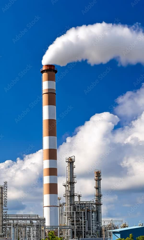 A large industrial plant with a tall smokestack. The sky is clear and blue. The clouds are white and fluffy A large industrial plant with a tall smokestack. The sky is clear and blue. The clouds are white and fluffy