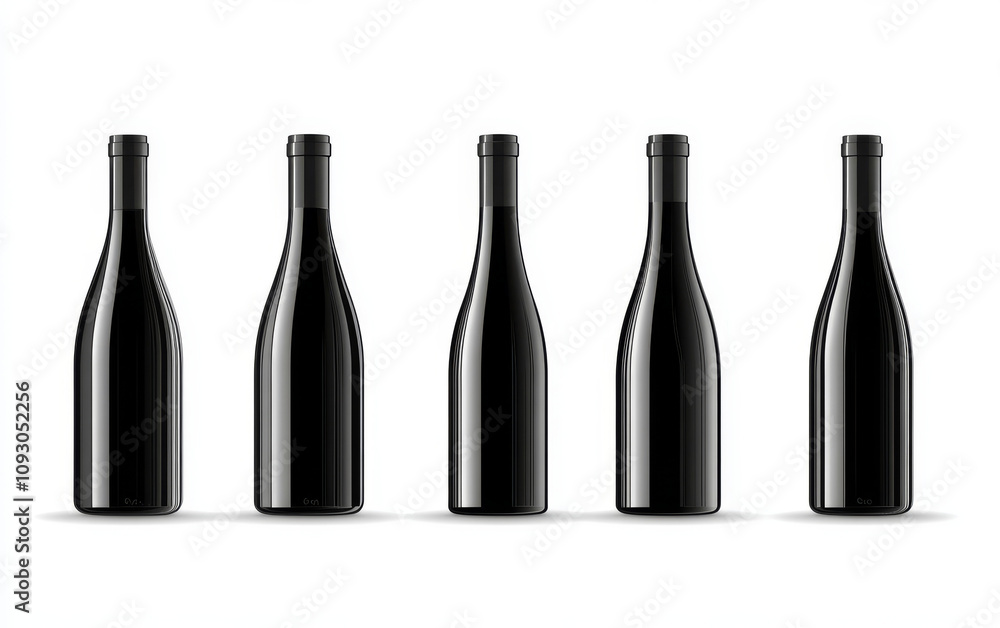 Minimalist arrangement of five sleek black wine bottles against a white background, showcasing an elegant and uniform design.
Minimalist arrangement of five sleek black wine bottles against a white background, showcasing an elegant and uniform design.