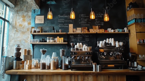 Rustic Coffee Shop Interior Espresso Machine Beans Shelves