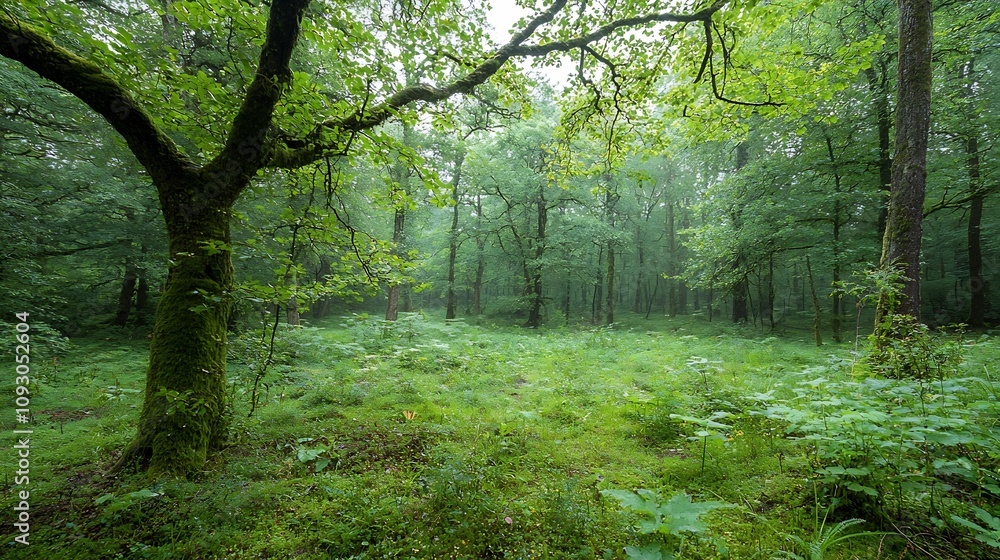 Obraz premium Lush verdant forest scene showcasing the complexity and diversity of a natural ecosystem with a variety of plants vines and moss covered trees creating an intricately tangled and detailed landscape