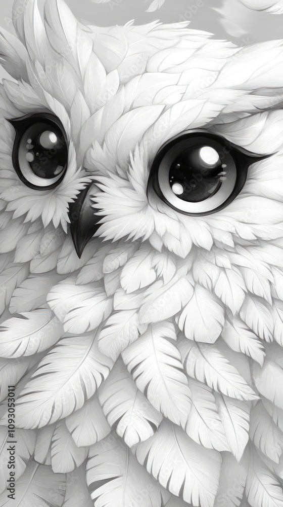 Fototapeta premium A detailed close-up captures a white owl with large, glossy eyes nestled among soft, feather-like patterns in subtle light, showcasing its unique beauty
