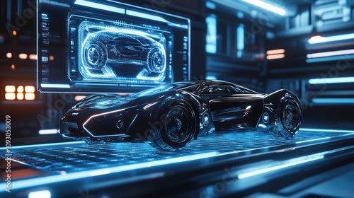 A futuristic holographic interface displaying a detailed car model in a sleek, high-tech studio environment, glowing neon blue lights, ultra-realistic textures