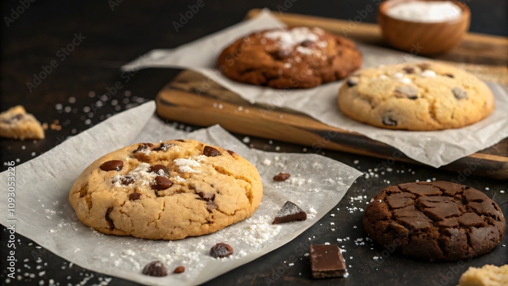 Tempting display of freshly baked chocolate chip cookies on baking paper, dusted with powdered sugar Tempting display of freshly baked chocolate chip cookies on baking paper, dusted with powdered sugar