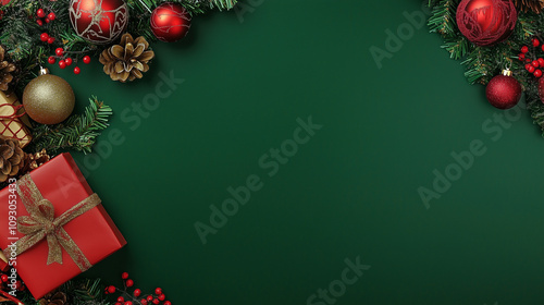 Festive Christmas flat lay with copy space, featuring red and green decorations and gifts against a solid green background. Perfect for holiday greeting cards, social media posts, and seasonal marketi photo