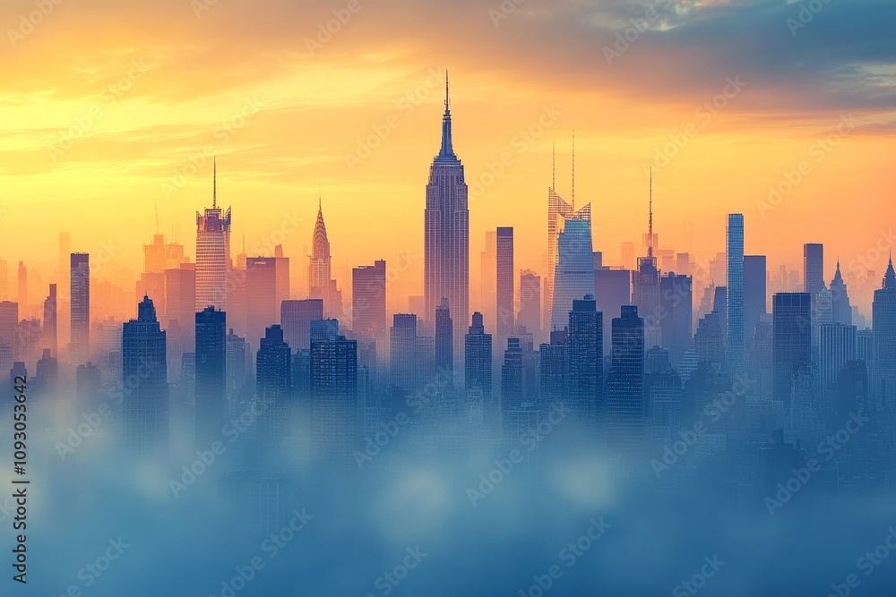Vibrant City Skyline at Sunrise Emerging Through Soft Morning Fog cityscape cinematic landscape Vibrant City Skyline at Sunrise Emerging Through Soft Morning Fog cityscape cinematic landscape