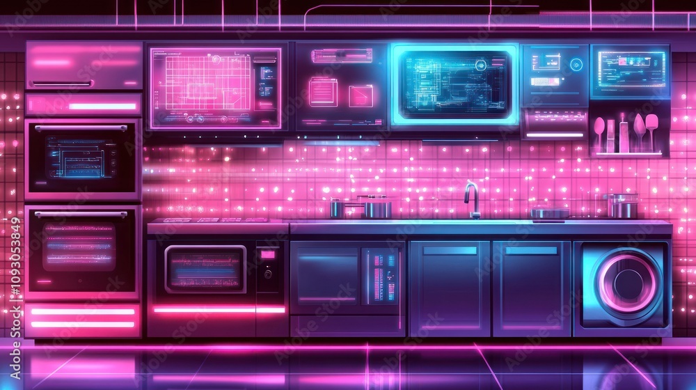 Obraz premium Futuristic Neon Kitchen With Integrated Technology Displays