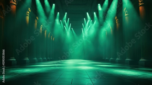 Green lit grandeur with columns enhancing perspective