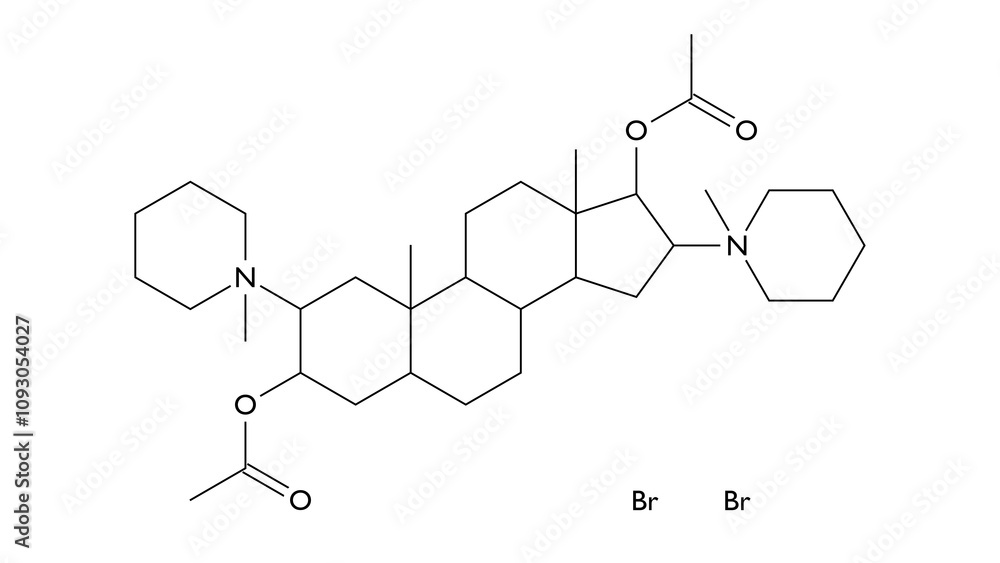 pancuronium bromide molecule, structural chemical formula, ball-and-stick model, isolated image neuromuscular blocker pancuronium bromide molecule, structural chemical formula, ball-and-stick model, isolated image neuromuscular blocker