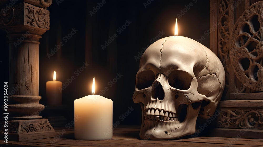 Hyper-realistic artwork features an aged, intricately carved skull resting on an old wooden table, illuminated by the flicker of a single candle Hyper-realistic artwork features an aged, intricately carved skull resting on an old wooden table, illuminated by the flicker of a single candle