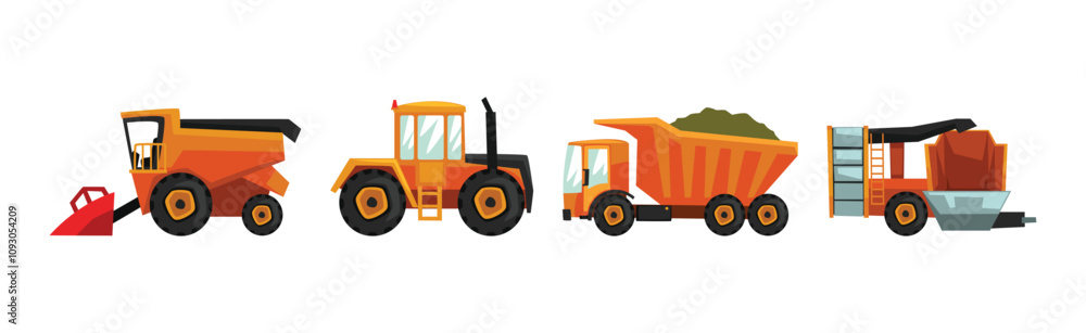 Agricultural Machinery and Vehicles for Soil Cultivation Vector Set Agricultural Machinery and Vehicles for Soil Cultivation Vector Set