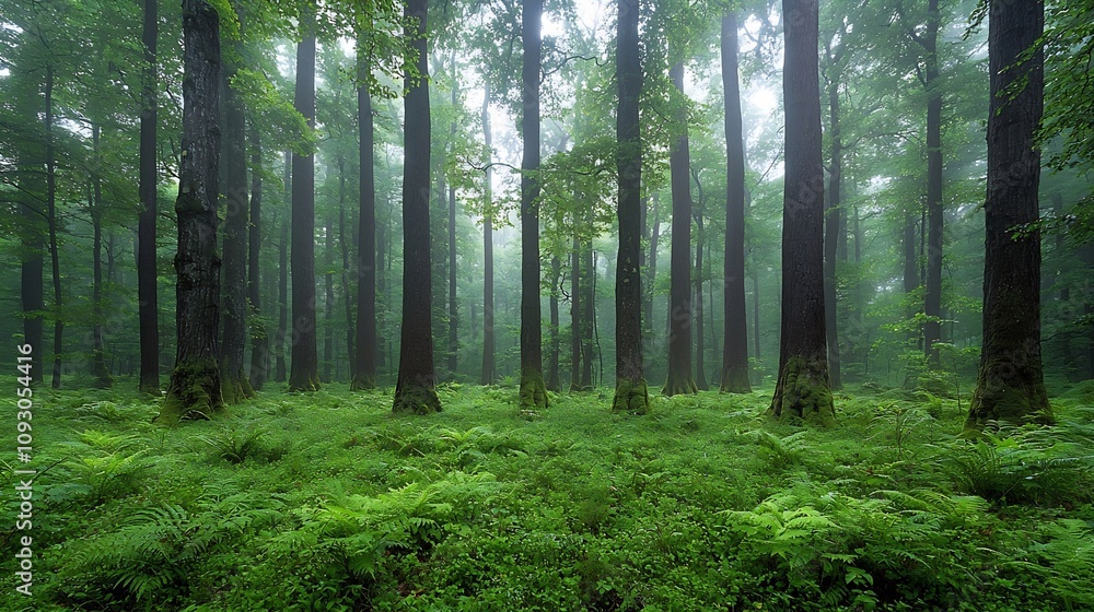 Obraz premium Serene and Tranquil Primeval Forest Landscape with Towering Ancient Trees Lush Foliage and Verdant Plant Life Representing the Diversity and Beauty of the Natural World