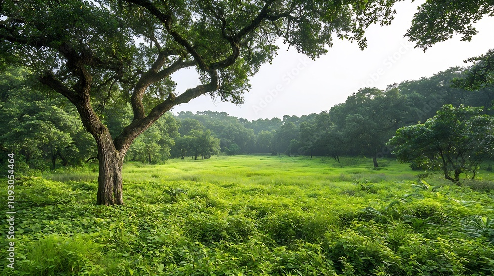 Serene forest scene with tall ancient trees and lush plant life representing the diversity and tranquility of nature Serene forest scene with tall ancient trees and lush plant life representing the diversity and tranquility of nature