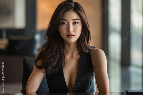 Slim Korean businesswoman in a chic, tight dress, seated at a conference table, leaning forward with a serious expression, leading a high-level discussion in a sleek, modern office. photo