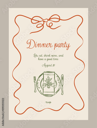 Elegant Christmas invitation template. Matisse style food and beverage doodles.